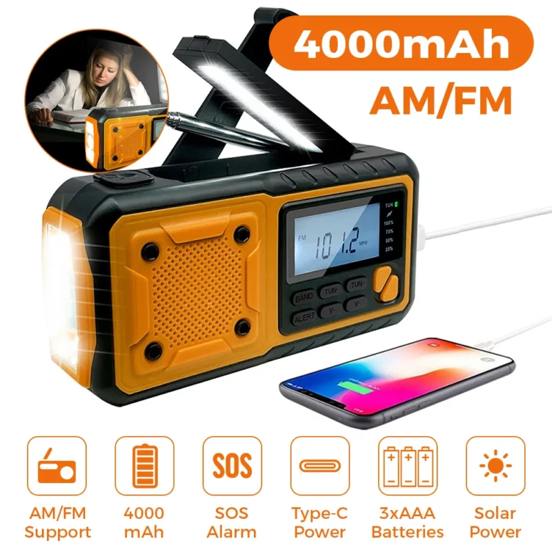 4000 mAh draagbare noodradio op zonne-energie Handslinger opladen AM / FM-weerradio Led-leeszaklamp Bank Telefoonoplader