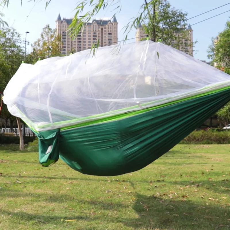 Enkele En Dubbele Grootte Nylon Stof Draagbare Reis Outdoor Camping Hangende Slaaphangmat Met Klamboe - Image 6