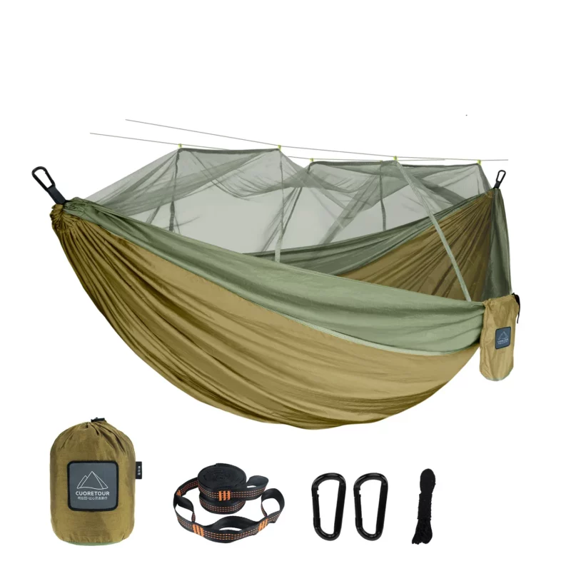 Enkele En Dubbele Grootte Nylon Stof Draagbare Reis Outdoor Camping Hangende Slaaphangmat Met Klamboe