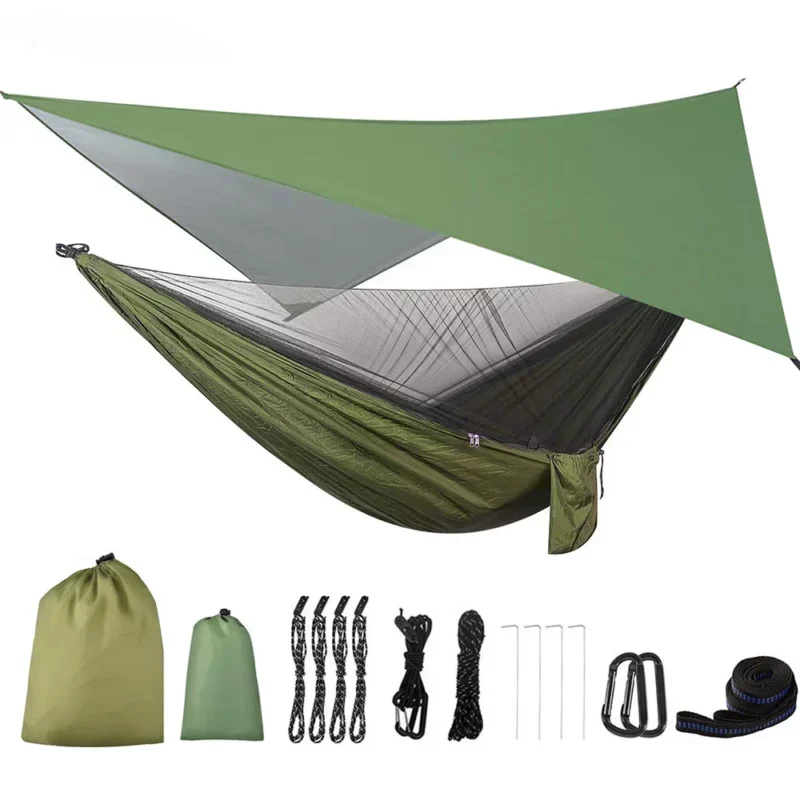 Camping Hangmat Met Regenvlieg Zeildoek En Klamboe Tent Boomriemen Draagbare Enkele Dubbele Nylon Parachute Hangmat Voor Reizen