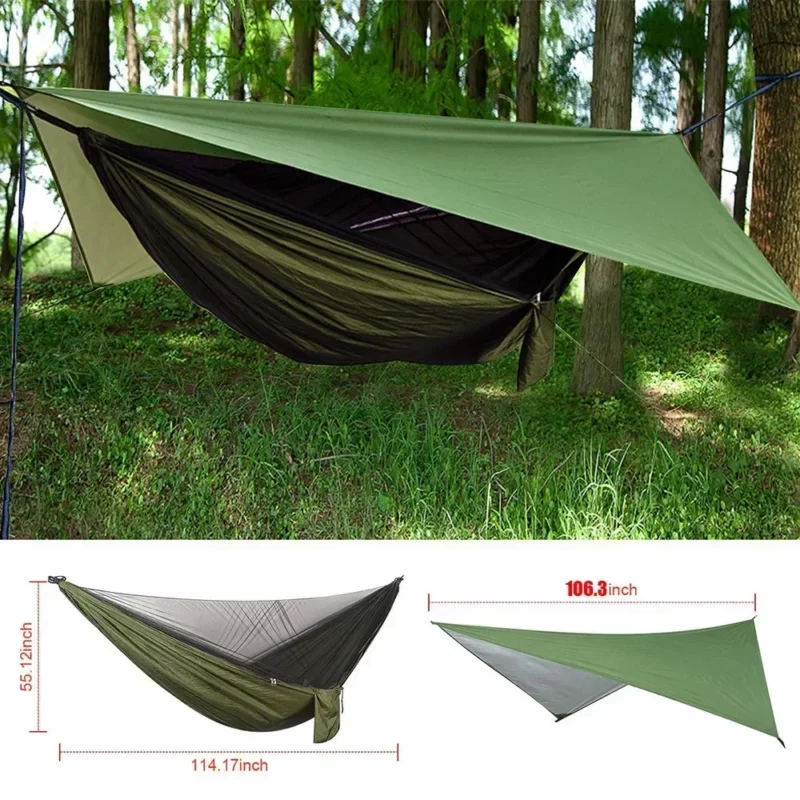 Camping Hangmat Met Regenvlieg Zeildoek En Klamboe Tent Boomriemen Draagbare Enkele Dubbele Nylon Parachute Hangmat Voor Reizen - Image 3