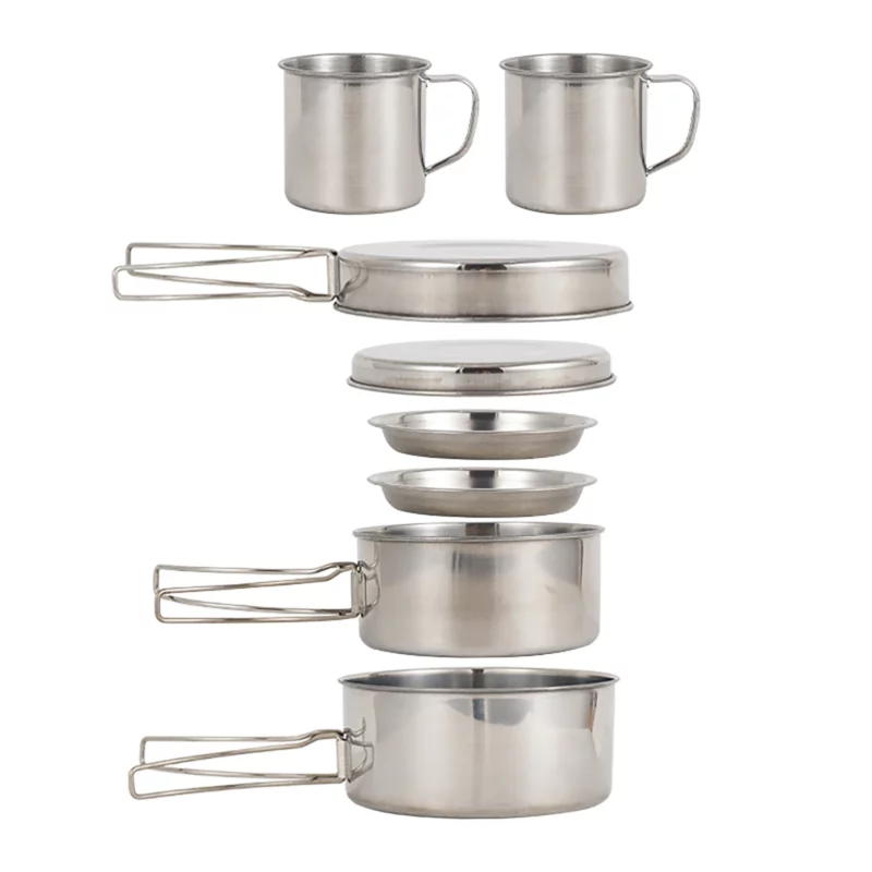 8 stks/set Camping Kookgerei Mess Kit Roestvrijstalen Kookpot en Pan Set met Borden Cups voor Outdoor Wandelen Backpacken