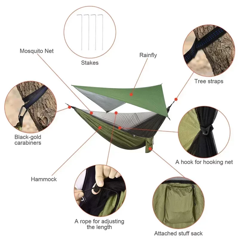Camping Hangmat Met Regenvlieg Zeildoek En Klamboe Tent Boomriemen Draagbare Enkele Dubbele Nylon Parachute Hangmat Voor Reizen - Image 4