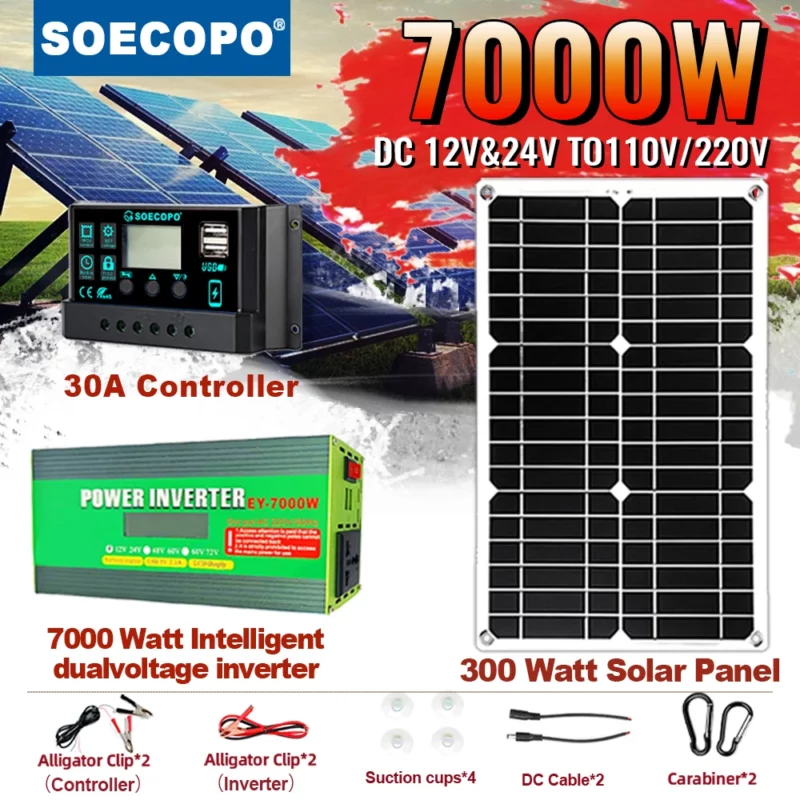 7000 W zonne-energiesysteem met paneel en dubbele spanningsomvormer voor duurzame voeding voor thuis, buiten en gebruik in noodgevallen