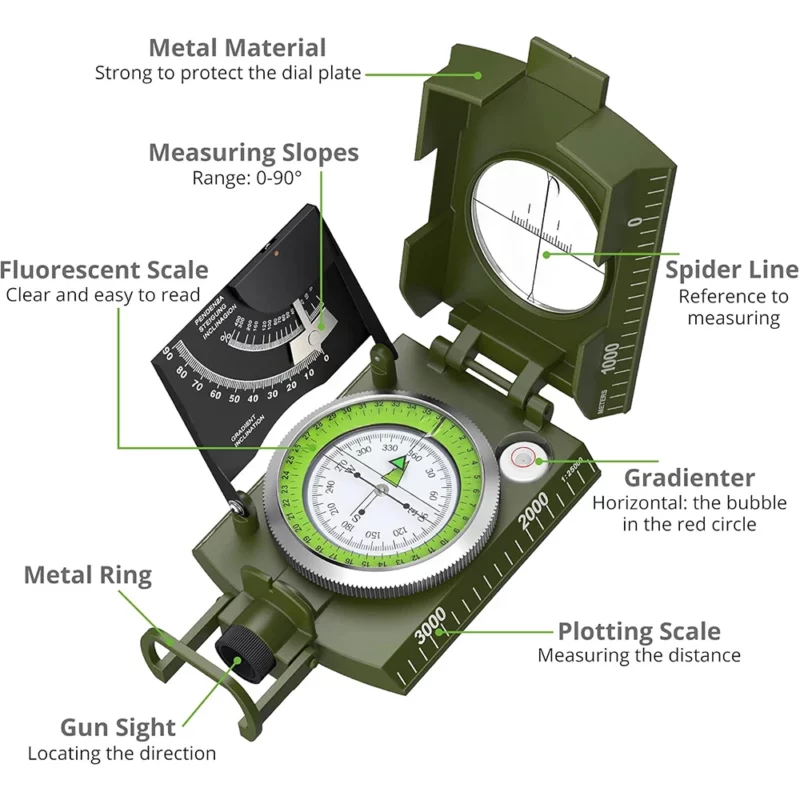 Multifunctioneel hoge precisie outdoor survival militair kompas kamperen waterdicht metaal met fluorescerend geologisch kompas - Image 2